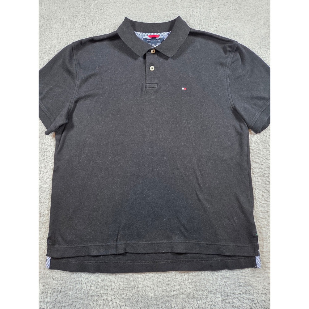 Tommy Hilfiger Polo Shirt Large Black Mens Short Sleeve Cotton Logo 680494